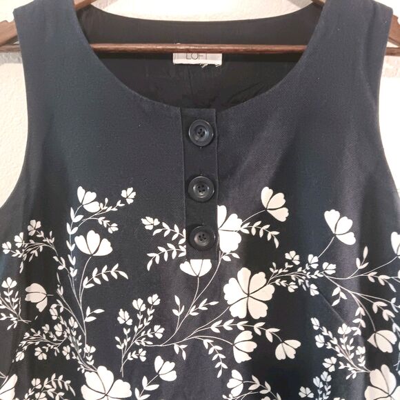 Ann Taylor Loft Dress Sz 14/16 Navy White Floral Sleeveless A Line Button Detail - Picture 3 of 13